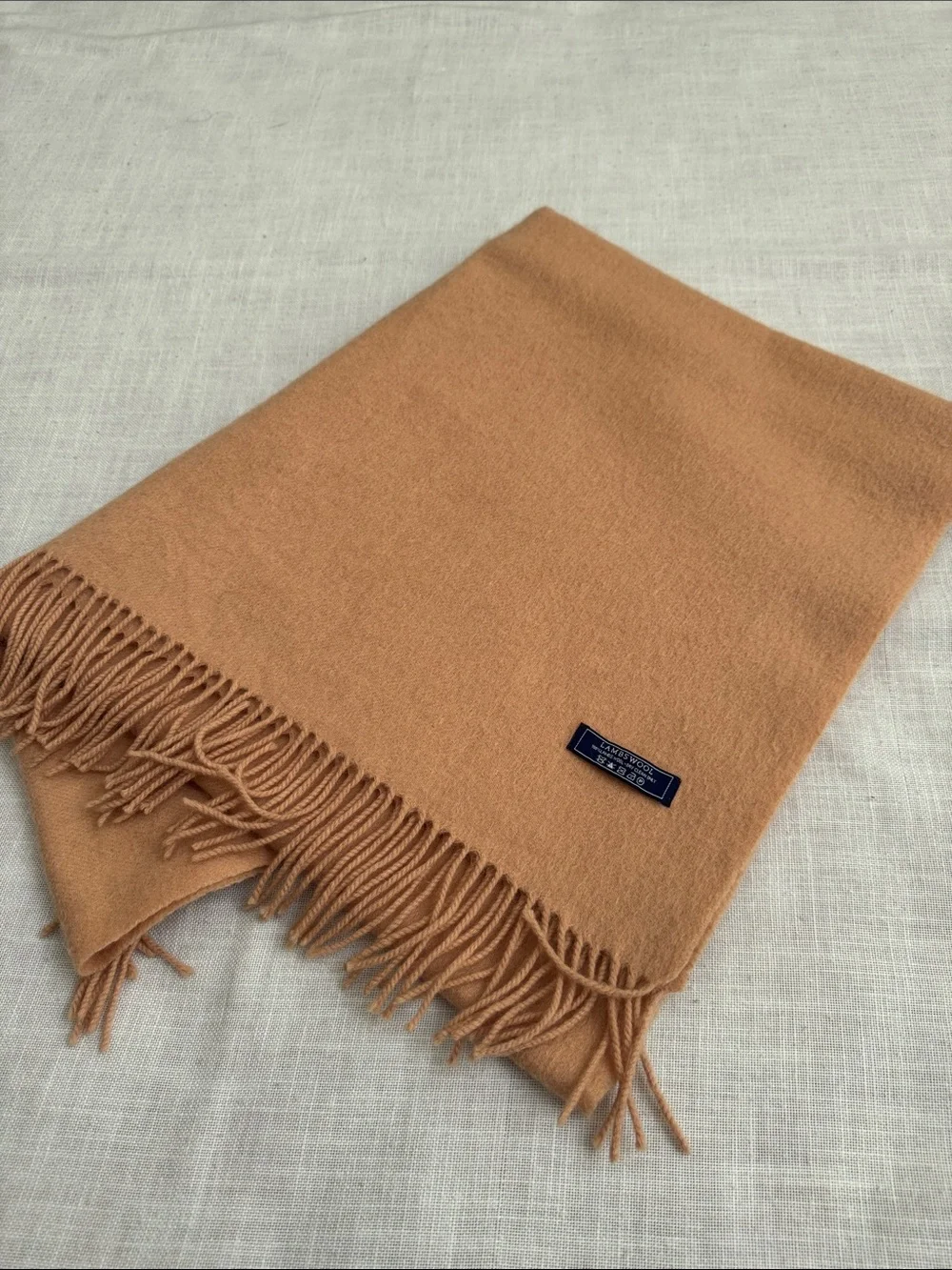 Camel Fringed LambsWool Throw Shawl Oversized Scarf 27”x76”
